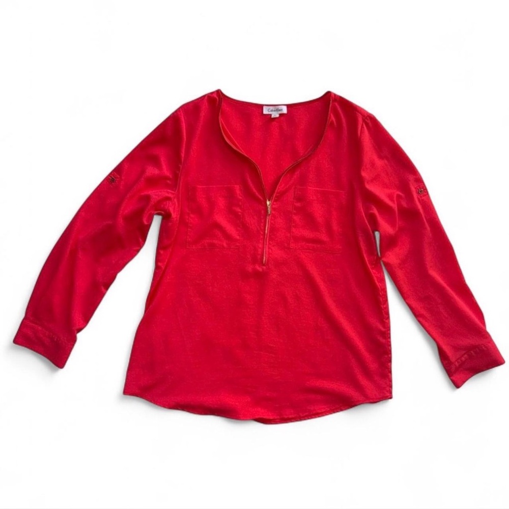 Calvin Klein Red Utility Zip-Front Roll-Tab Sleeve Blouse Large